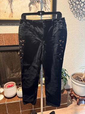 Black Mid-Rise Pants with Side Cutout Detail